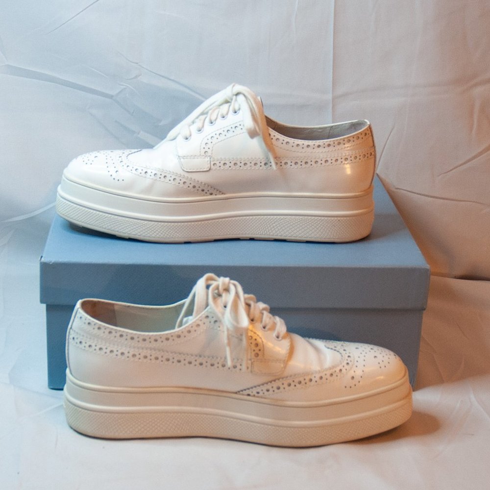 Prada White Leather Wingtip Oxfords - Picture 5 of 13
